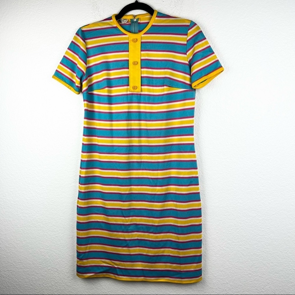 VINTAGE Country Fair Striped Shift Dress, Pink, Blue, Yellow, 1970s, Size 11